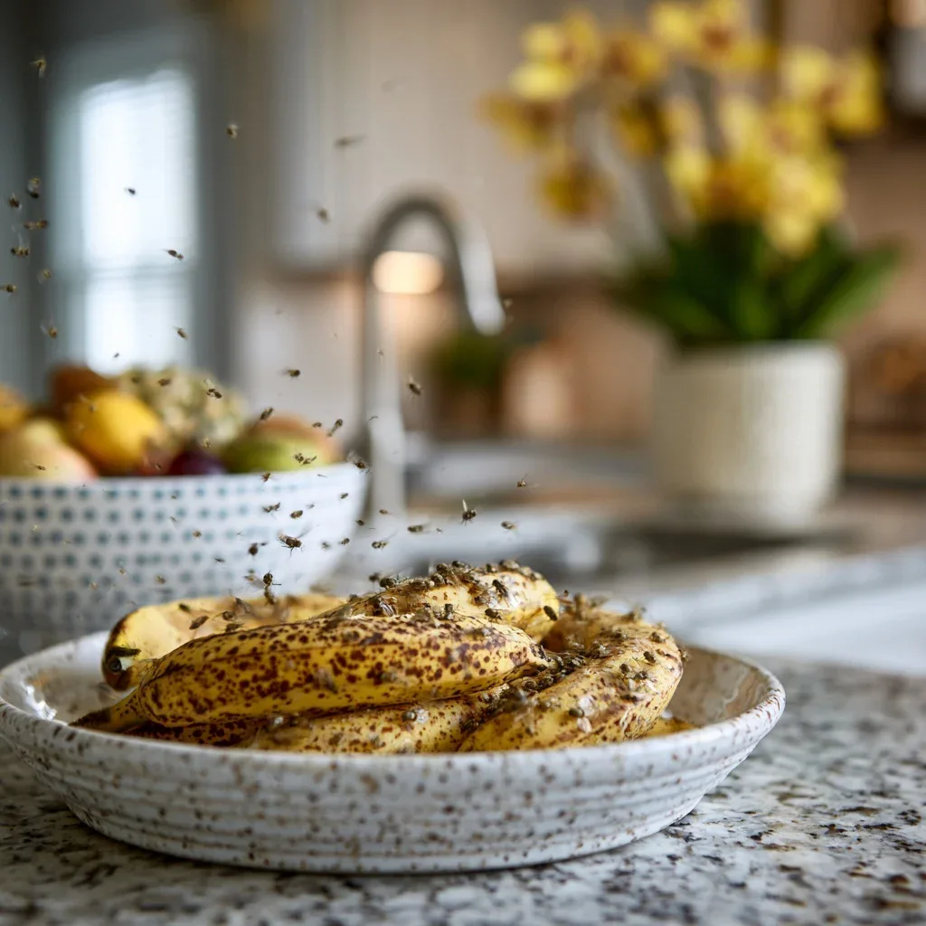 getting rid of fruit flies around overripe bananas and fruit on a kitchen counter