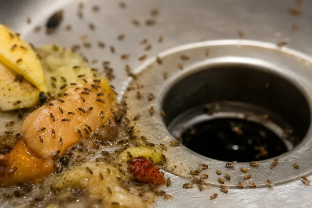 How to get rid of fruit flies near kitchen sink drains and food waste buildup